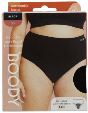 Boody - Bamboe Full Brief Tailleslip menstruatieondergoed - Zwart - Licht/Normaal (ca. 10 ml/2 tampons) maat XS
